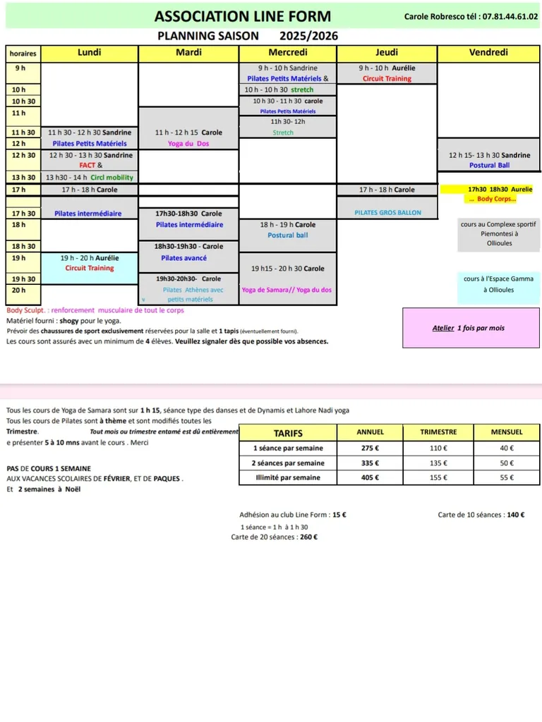 LINE FORM planning 2025-2026 : Pilates - Yoga Samara - Body-sculpt - Circuit-training - Stretching - Relaxation en cours collectifs (12 personnes maximum)