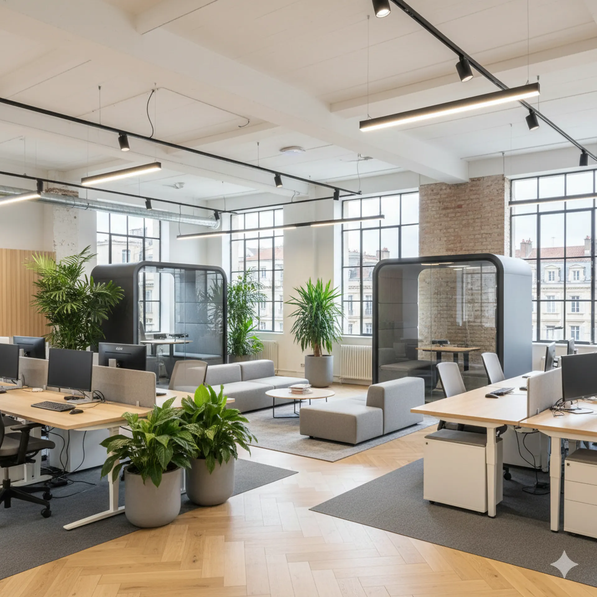 gencement moderne d'un bureau open space à Bordeaux, avec des postes de travail lumineux, des cabines acoustiques pour la concentration, des canapés de détente et de nombreuses plantes vertes pour le bien-être collaboratif.