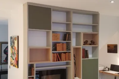 Bibliothèque verte beige et en bois avec cheminée à Tournefeuille