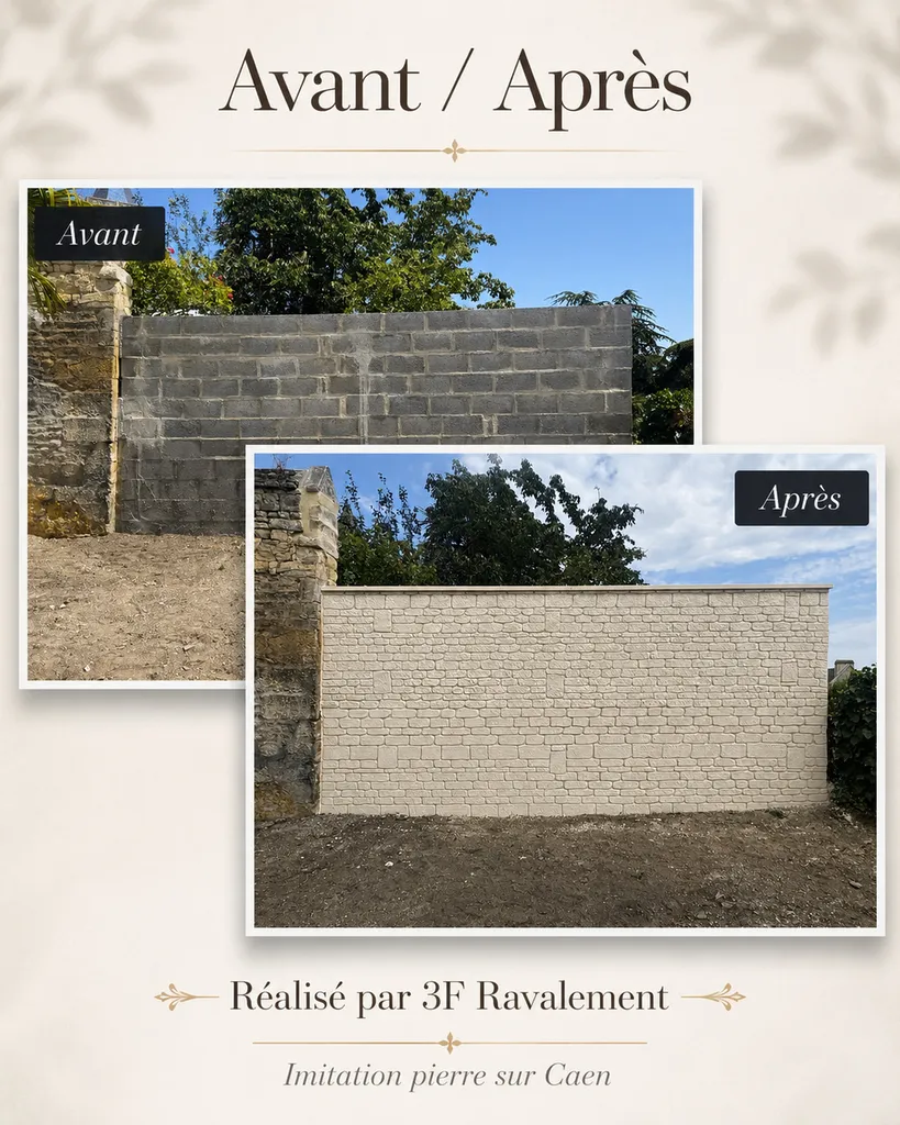 Imitation pierre entièrement réalisée à la main à Caen avec réparation d’un ancien mur en pierre et pose de couvertines Ton Pierre