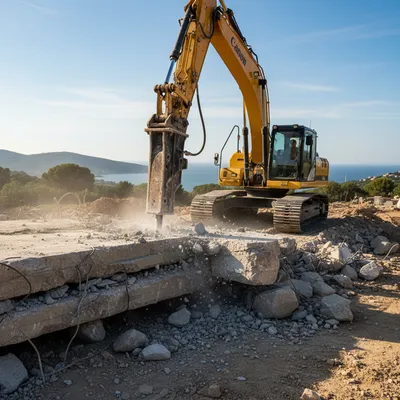 Démolition de dalles épaisses et roches Sainte-Maxime vers Grimaud : éclatement au BRH (Brise-Roche Hydraulique) sur pelle de 8 tonnes.