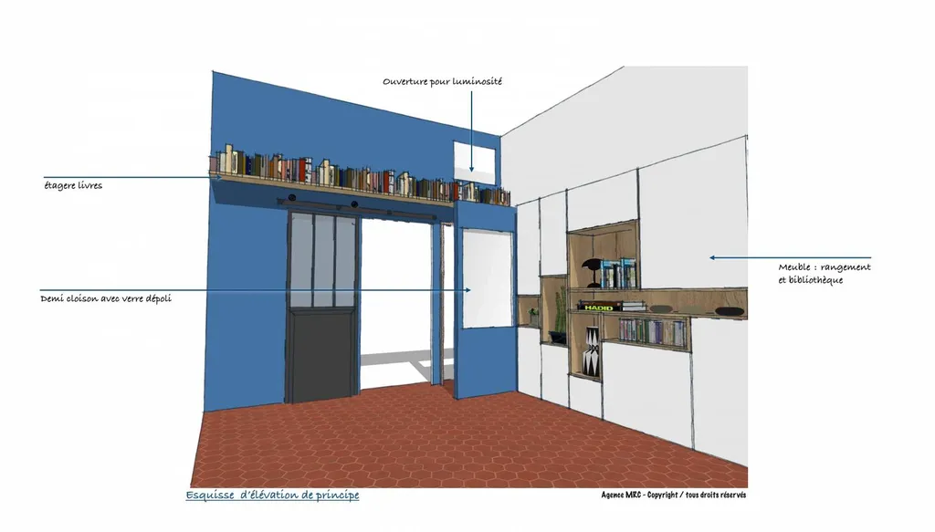 Aménagement entrée sur mesure avec salon et chambre parentale d'un appartement ancien à Marseille 13005