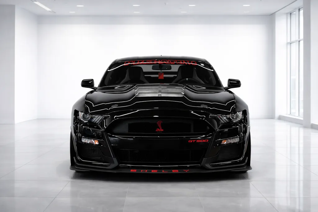 Ford Mustang Shelby GT500 noire préparation sportive en showroom à Bordeaux
