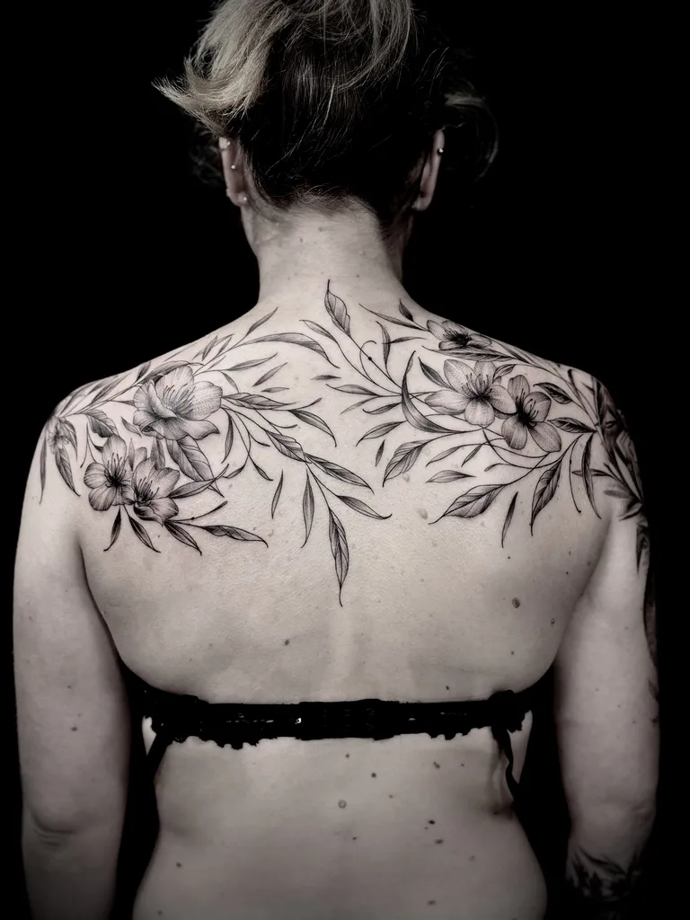 Tatouages florales sur le dos de femmes Lyon