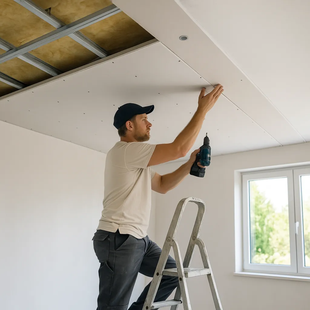 Résultat final d’un plafond suspendu isolé et peint sur le Bassin d’Arcachon