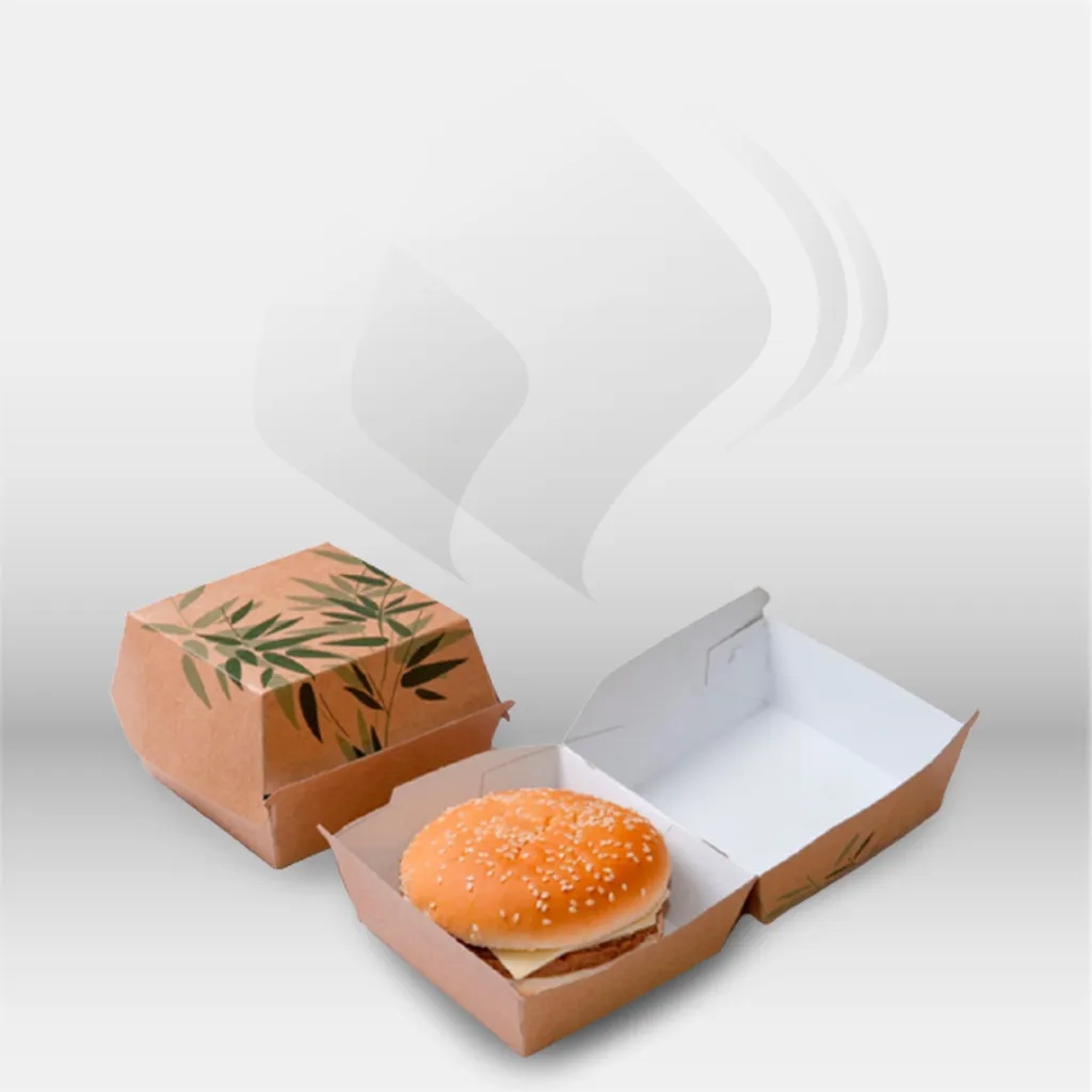 Boîtes burger en carton Garcia de Pou pour restauration rapide professionnelle, idéales pour fast food, food trucks et vente à emporter, assurant un maintien optimal des burgers et une présentation propre et pratique – disponibles à Mont-de-Marsan, Landes
