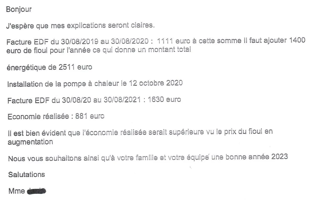 Témoignage d'une cliente satisfaite par les économies réalisées grâce à la pose d'une pompe à chaleur