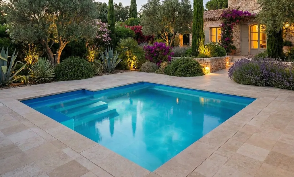 Mini piscine avec margelles et banquette dans le Var