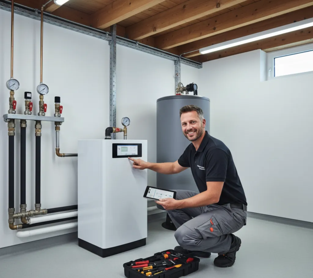  Un installateur qualifié et souriant, en tenue de travail  professionnelle, en train de procéder à la mise en service d'une unité  intérieure de pompe à chaleur dans une cave ou un local technique propre  et bien entretenu.  enerchauffage