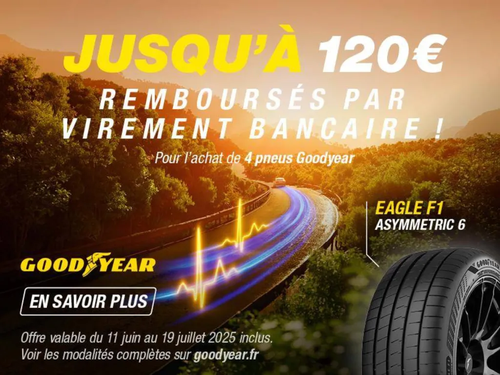 Jusqu'à 120€ remboursés sur vos pneus Goodyear près de Lillebonne