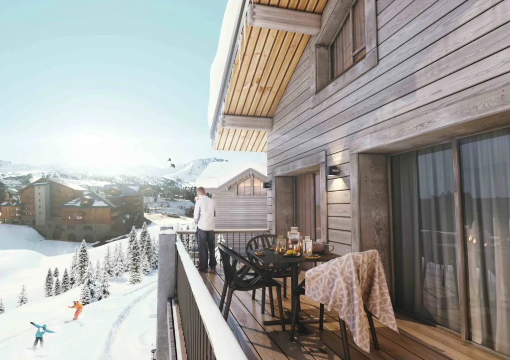 Balcon  vue entièrement dégagé sur les pistes La Plagne Savoie www.bauvey.com