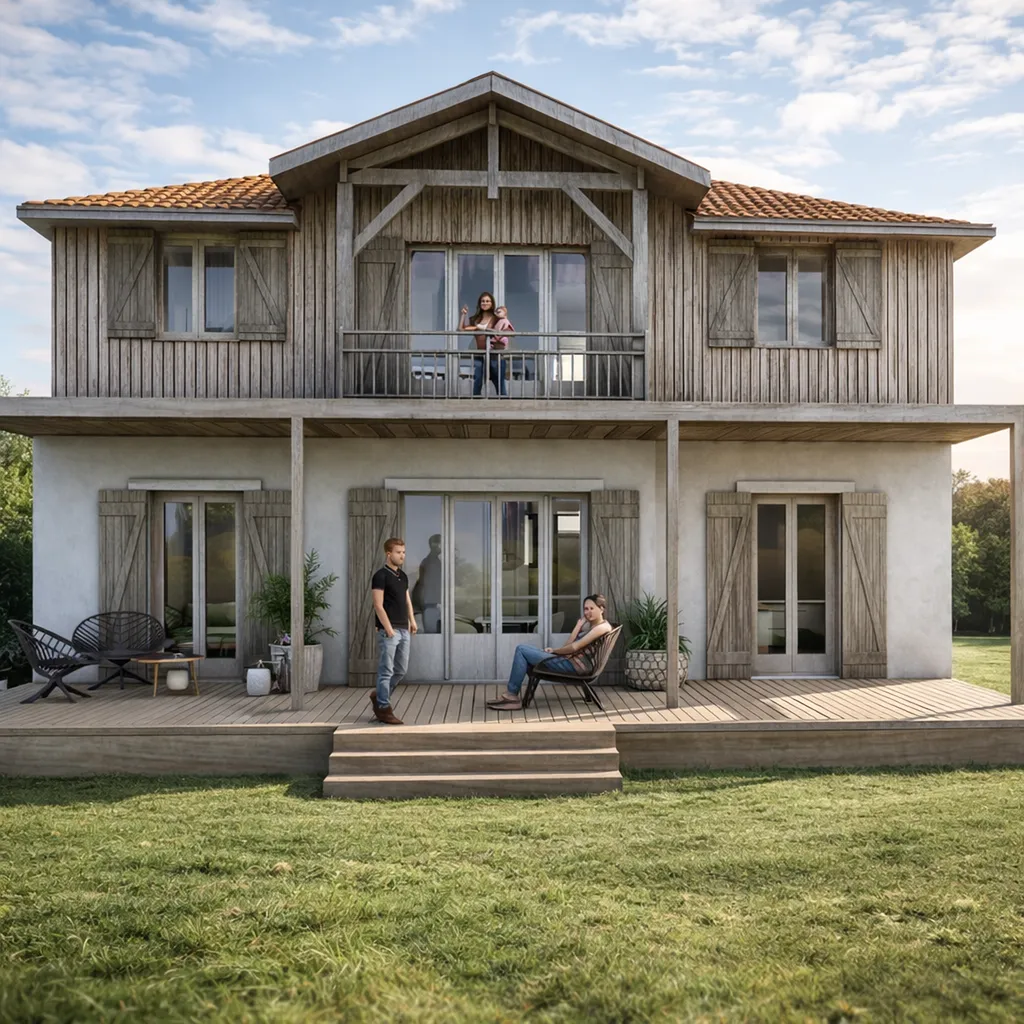Façade sur jardin – la surélévation en ossature bois, habillée d’un bardage vertical gris clair, prolonge la maison existante et s’organise autour d’un balcon central et d’une charpente apparente, inspirés de l’architecture du bassin d’Arcachon.