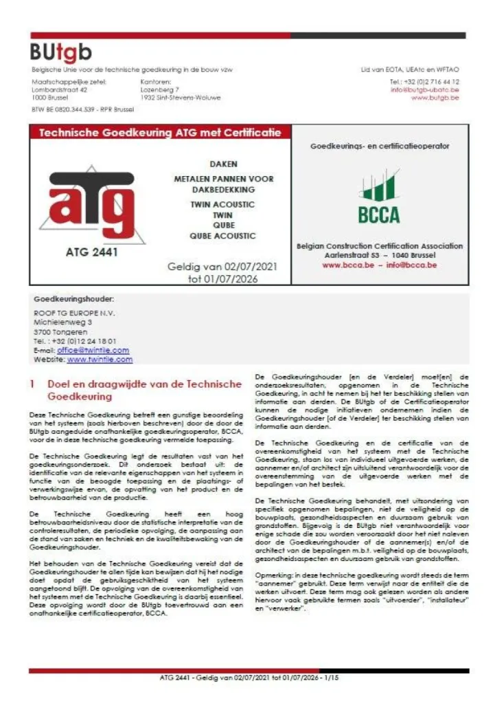 Certification TWINTILE TWIN et QUBE ATG2441N Dutch