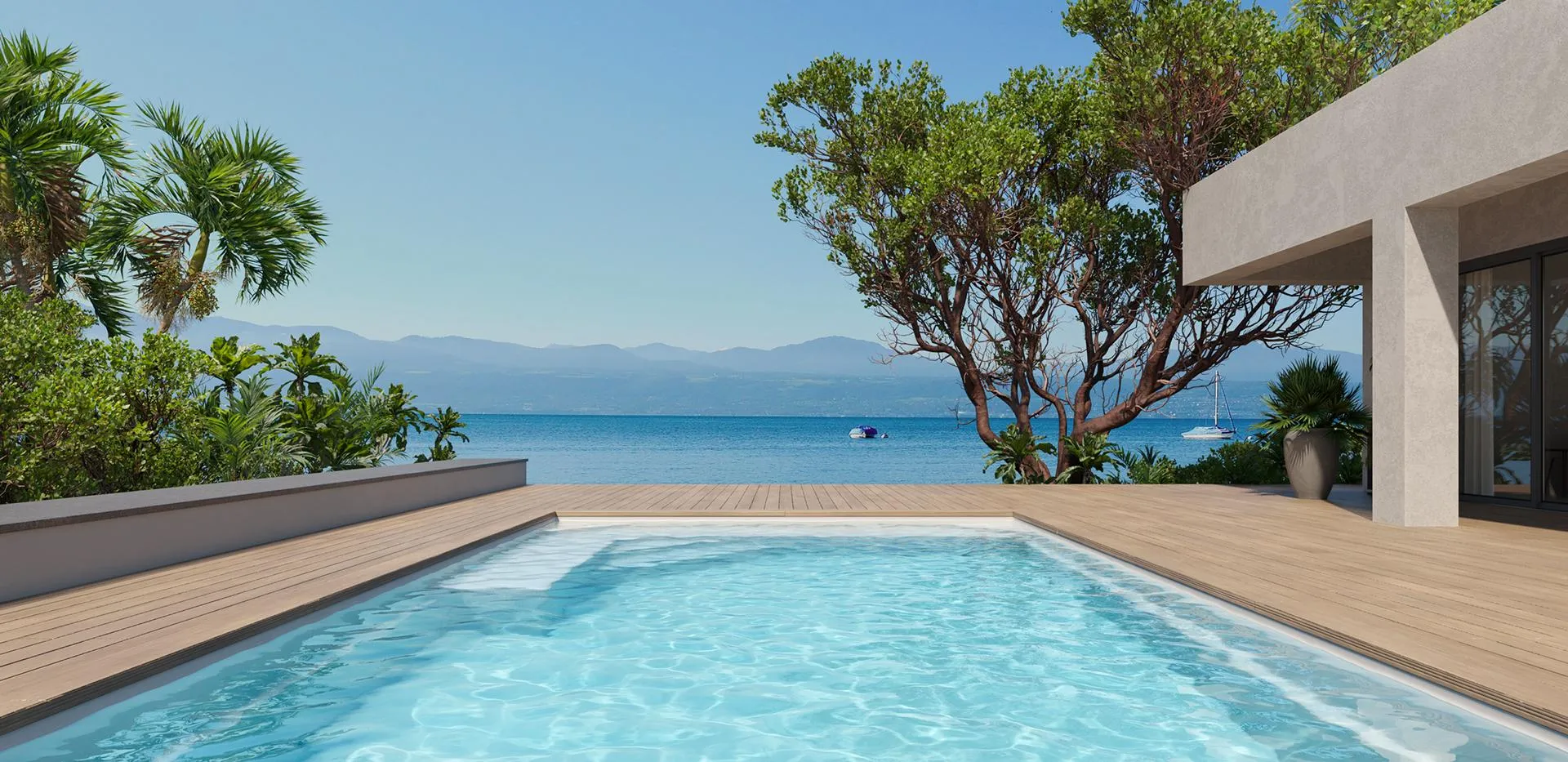 Piscine traditionnelle sur mesure en béton ou à coque avec terrasse en moquette de pierre dans les Landes avec devis gratuit