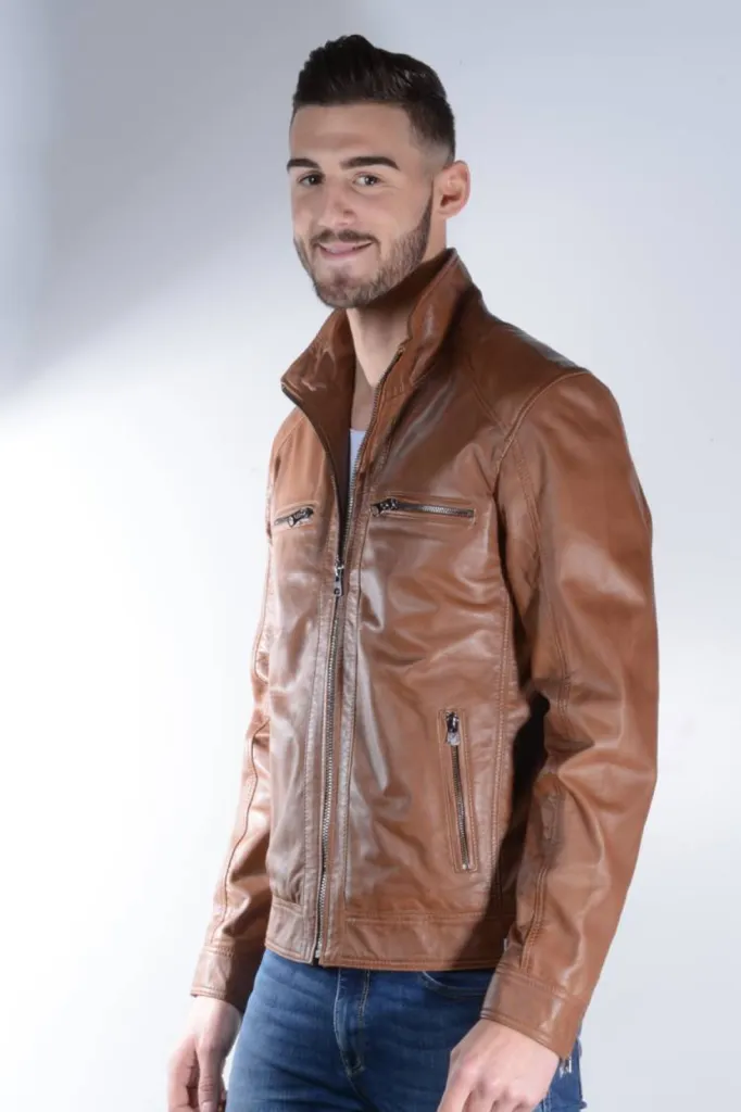 blouson cuir marron cognac homme
