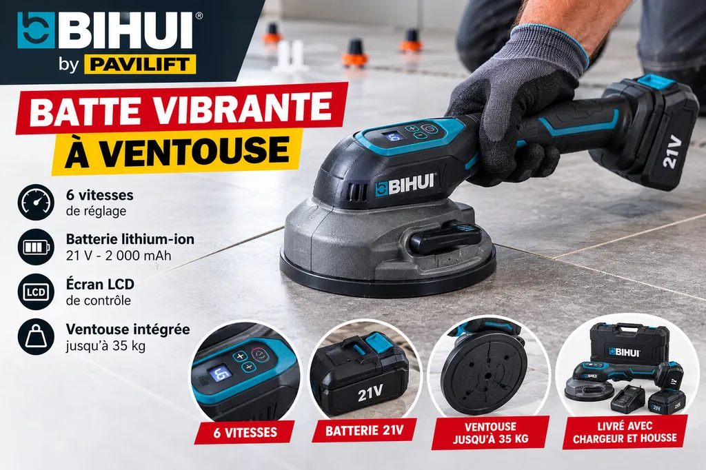 Batte vibrante à ventouse 6 vitesses sur batterie 21V BIHUI by PAVILIFT : pour quels travaux et comment l’utiliser ?