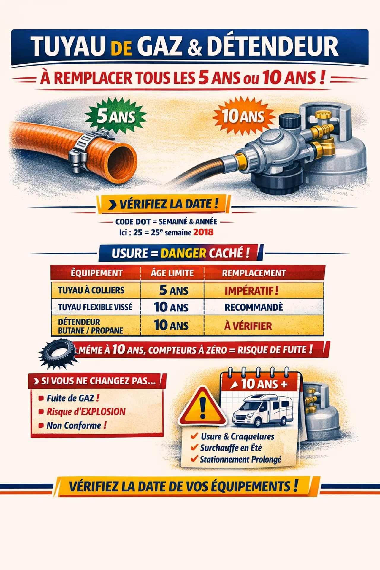 Tuyaux de gaz et détendeurs : contrôlez la date et remplacez vos équipements tous les 5 à 10 ans pour éviter les fuites et garantir la sécurité de votre camping‑car. Une installation gaz entretenue protège votre véhicule et vos occupants lors de chaque vo