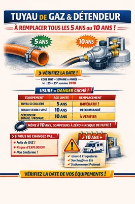 Tuyaux de gaz et détendeurs : contrôlez la date et remplacez vos équipements tous les 5 à 10 ans pour éviter les fuites et garantir la sécurité de votre camping‑car. Une installation gaz entretenue protège votre véhicule et vos occupants lors de chaque vo