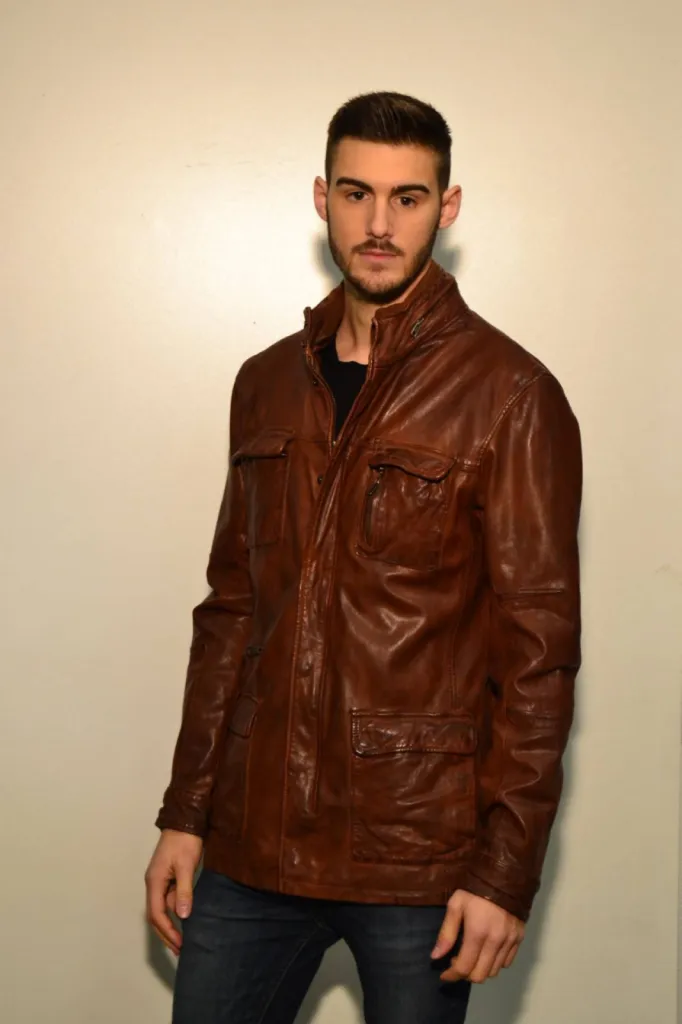 veste saharienne cuir marron cognac homme