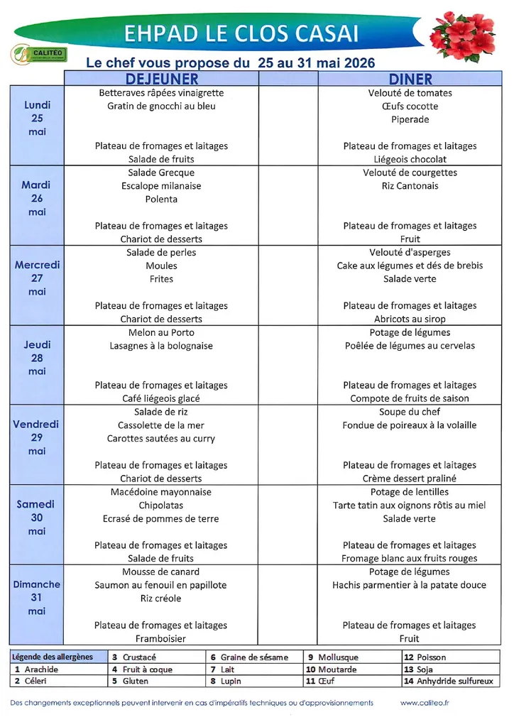Menu du lundi 25 au dimanche 31 mai 2026