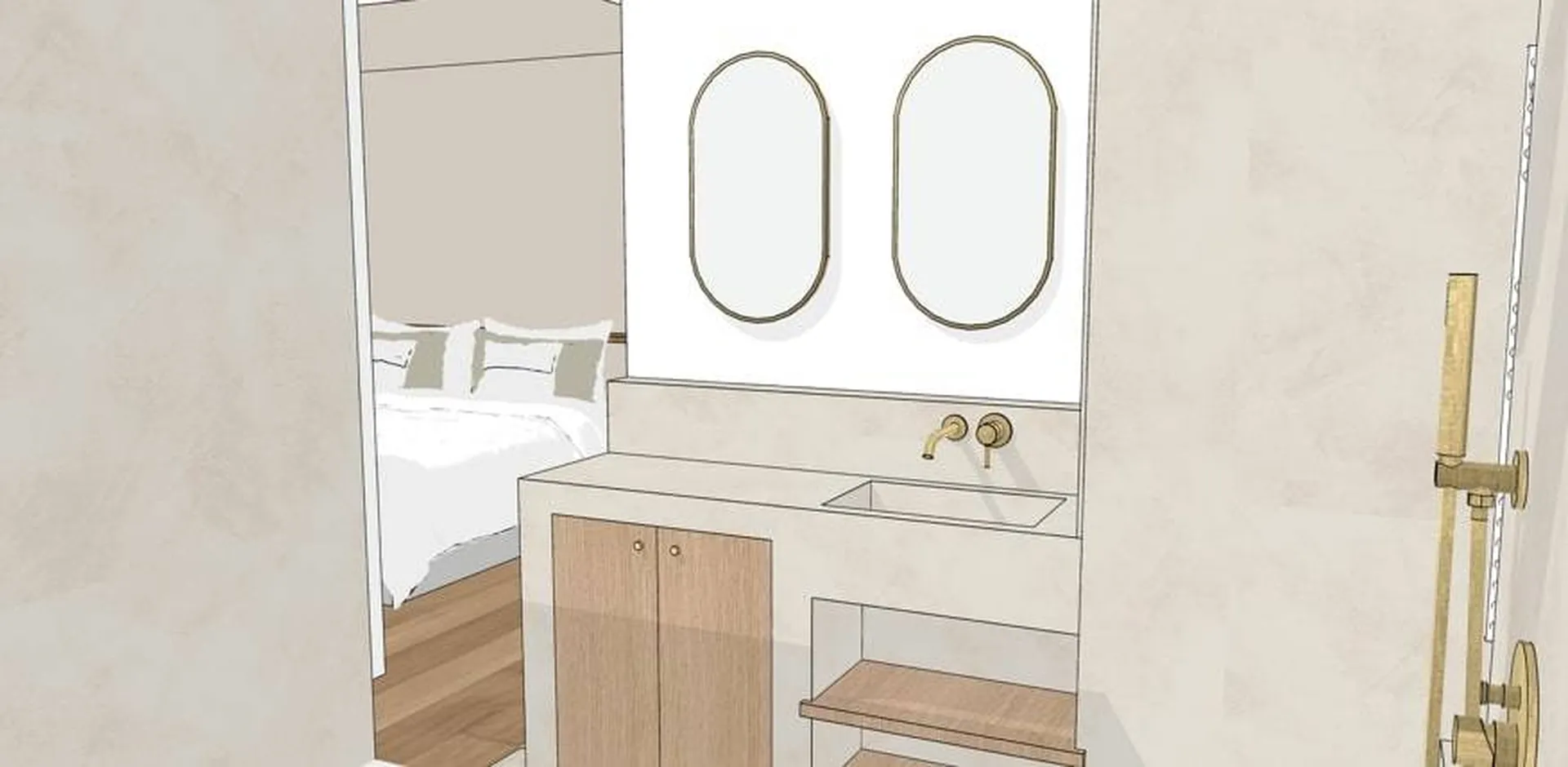 Salle de bain parentale et cuisine aménagé par un architecte d'intérieur en rénovation d'appartement situé à Marseille 13009, incluant des travaux généraux et la modification du cloisonnement