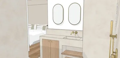 Salle de bain parentale et cuisine aménagé par un architecte d'intérieur en rénovation d'appartement situé à Marseille 13009, incluant des travaux généraux et la modification du cloisonnement