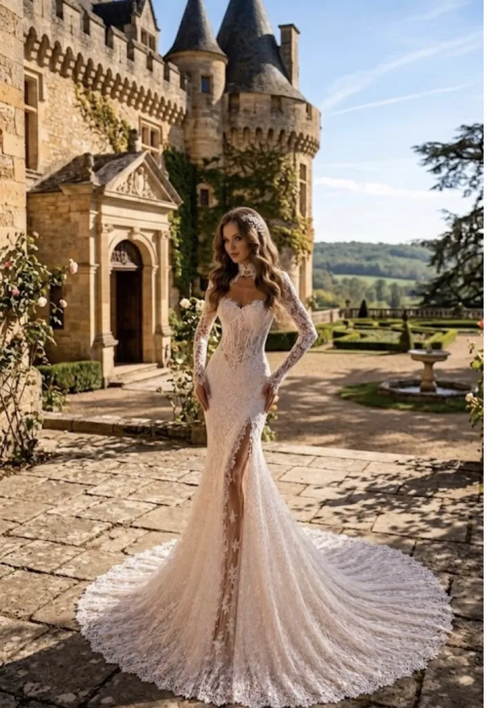 Robe de Mariée Sirène en Dentelle Chantilly Plan de campagne