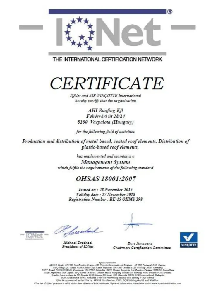 CERTIFICAT À LA NORME ISO 18001 POUR LES TUILES GERARD®