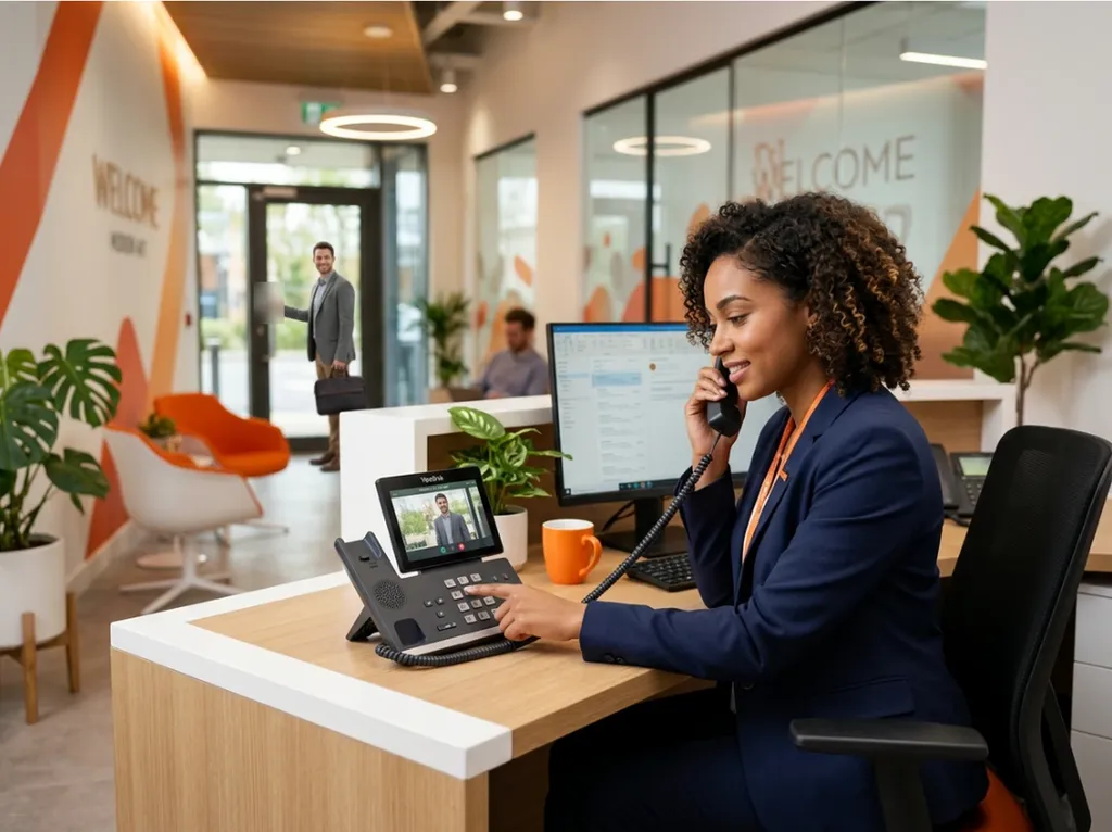 Réceptionniste visualisant le visiteur sur son téléphone IP et appuyant sur la touche 1 (DTMF) pour déverrouiller la porte — solution SIP Net2 Entry