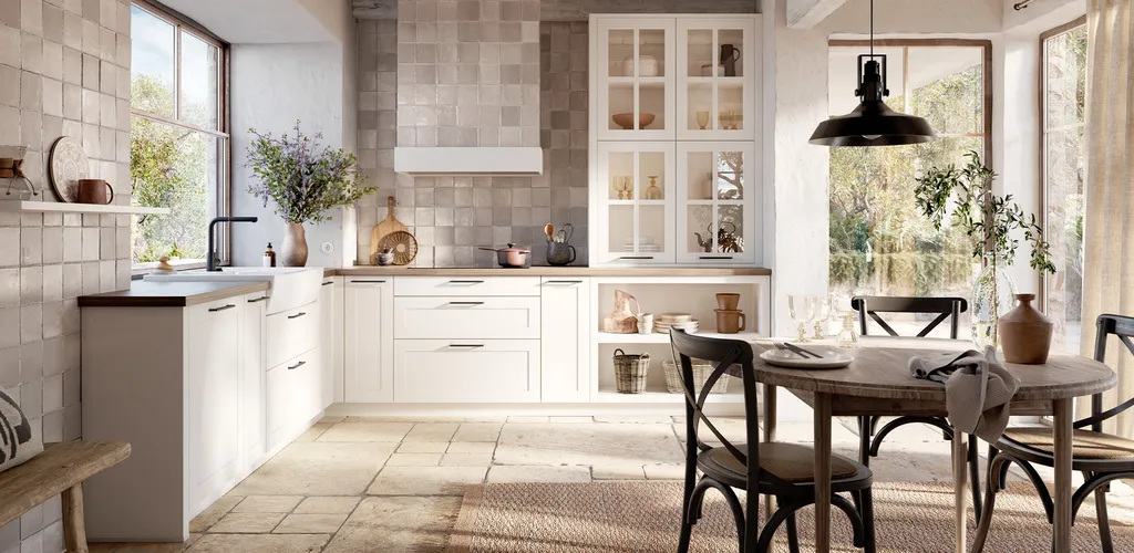Cuisine scandinave avec façades à cadre blanches et plan de travail en bois