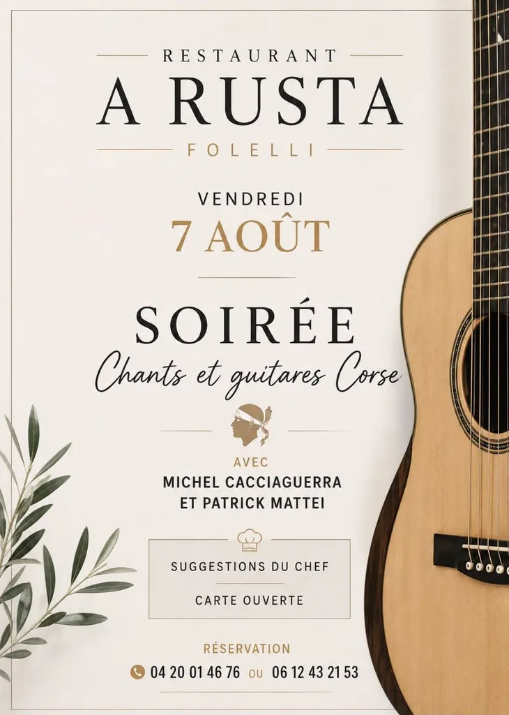 Soirée chants et guitares corses avec Michel Cacciaguerra et Patrick Mattei le vendredi 7 août à Folelli