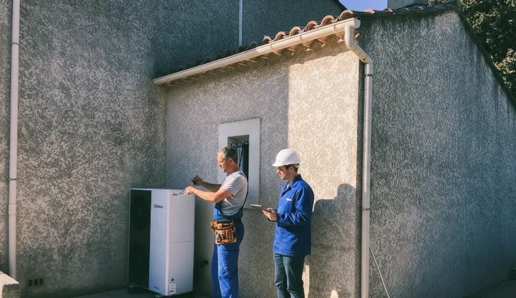 Intérieur confortable d'une maison charentaise à Saint-Genis-de-Saintonge, plancher chauffant actif et famille au chaud l'hiver grâce à radiateurs anciens modernisés.