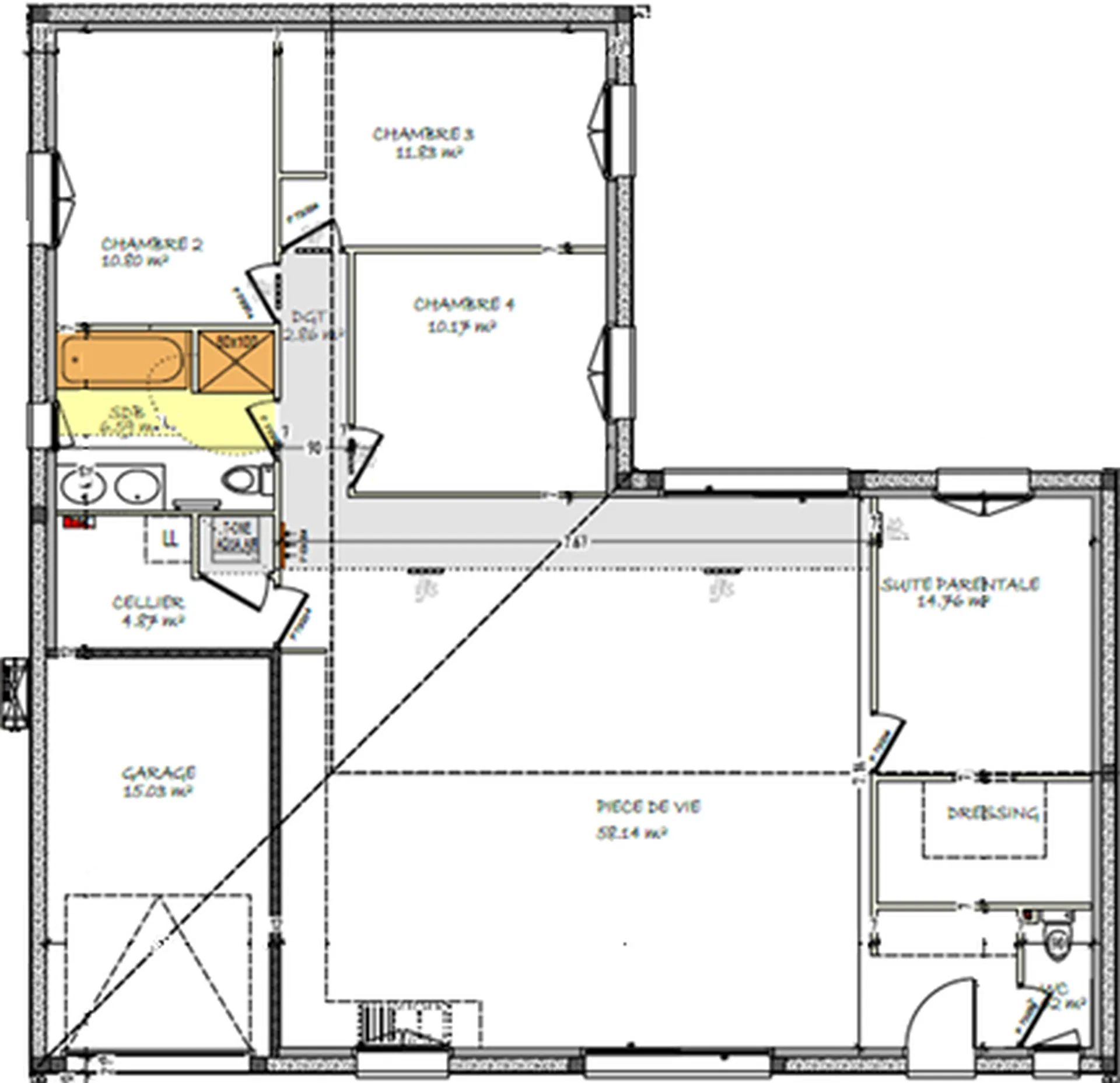 Maison en L de 122 m² avec garage de 15 m²