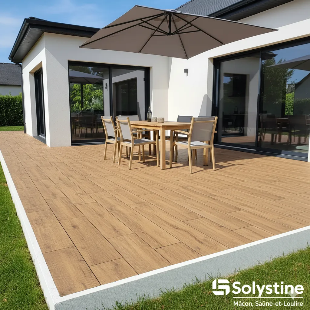 terrasse sur plot avec carrelage effet chene et bordure de finition peinte à macôn