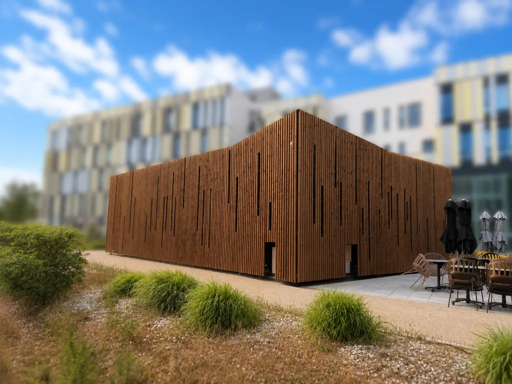 Construction de structures bois avec portiques, murs à ossature bois et bardage claire-voie pour une crèche sur le site Naval Groupe à Ollioules dans le Var