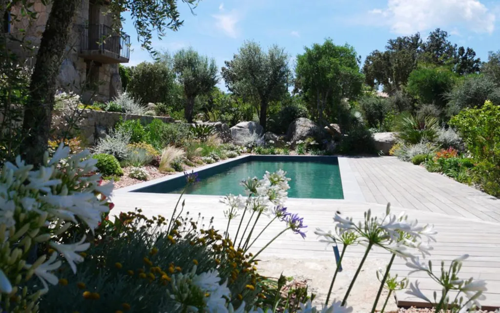 Aménagement paysager complet avec plantations méditerranéennes, pavage granit et éclairage de jardin sur mesure en Corse