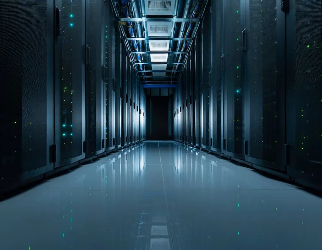 Infrastructure moderne de datacenter souverain montrant les rangées de baies serveurs et les systèmes de refroidissement pour l'intelligence artificielle.