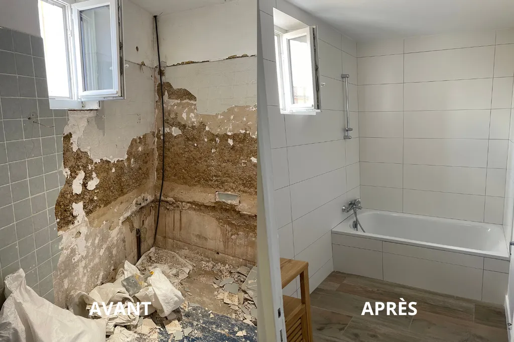 Métamorphose d'une salle de bain à Mâcon : passage d'une pièce humide sur mur en pisé brut à un espace moderne, sain et parfaitement isolé par RÉNOVATION by KILLoWATTS