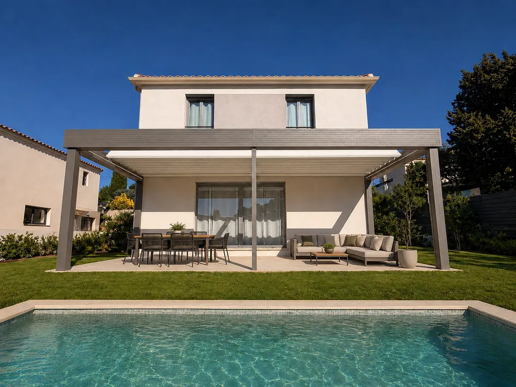 Pergola rétractable Ciel Ouv'air près de piscine sur terrasse à Plan-de-Cuques