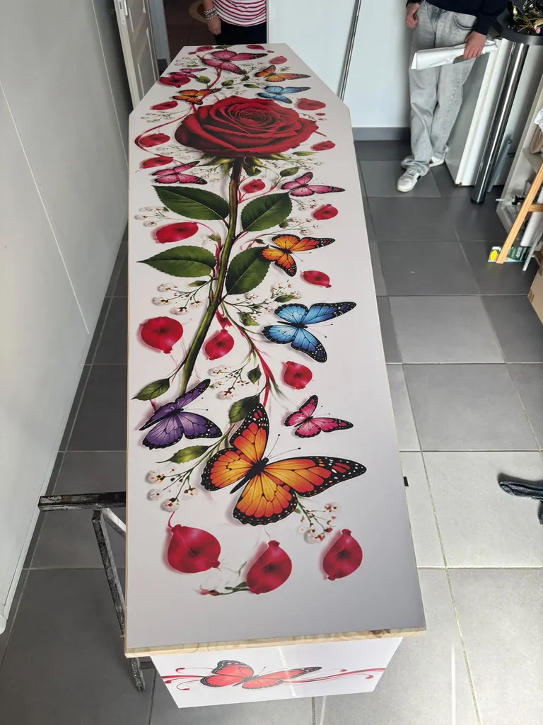 Décoration adhésive sur mesure avec visuel floral et papillons imprimés par Fuzz Communication.