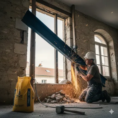 Maçon posant un IPN acier lors de l'ouverture d'un mur porteur à Bordeaux