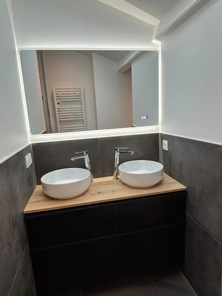 Salle de bain avec double vasque moderne dans cette rénovation à Villefranche-sur-Saône