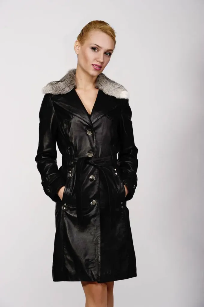 TRENCH LONG CUIR OAKWOOD COL LAPIN AMOVIBLE