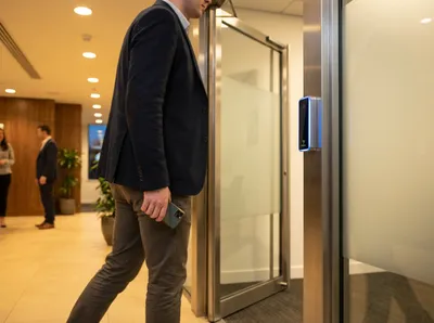 smartphone en poche contrôle d'accès Bluetooth mains libres lecteur Paxton sur cadre de porte, ouverture automatique