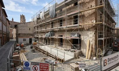 Chantier de rénovation de façade et création de rampe d'accès PMR à Albi par l'entreprise Benezech Maîtrise d'Œuvre.