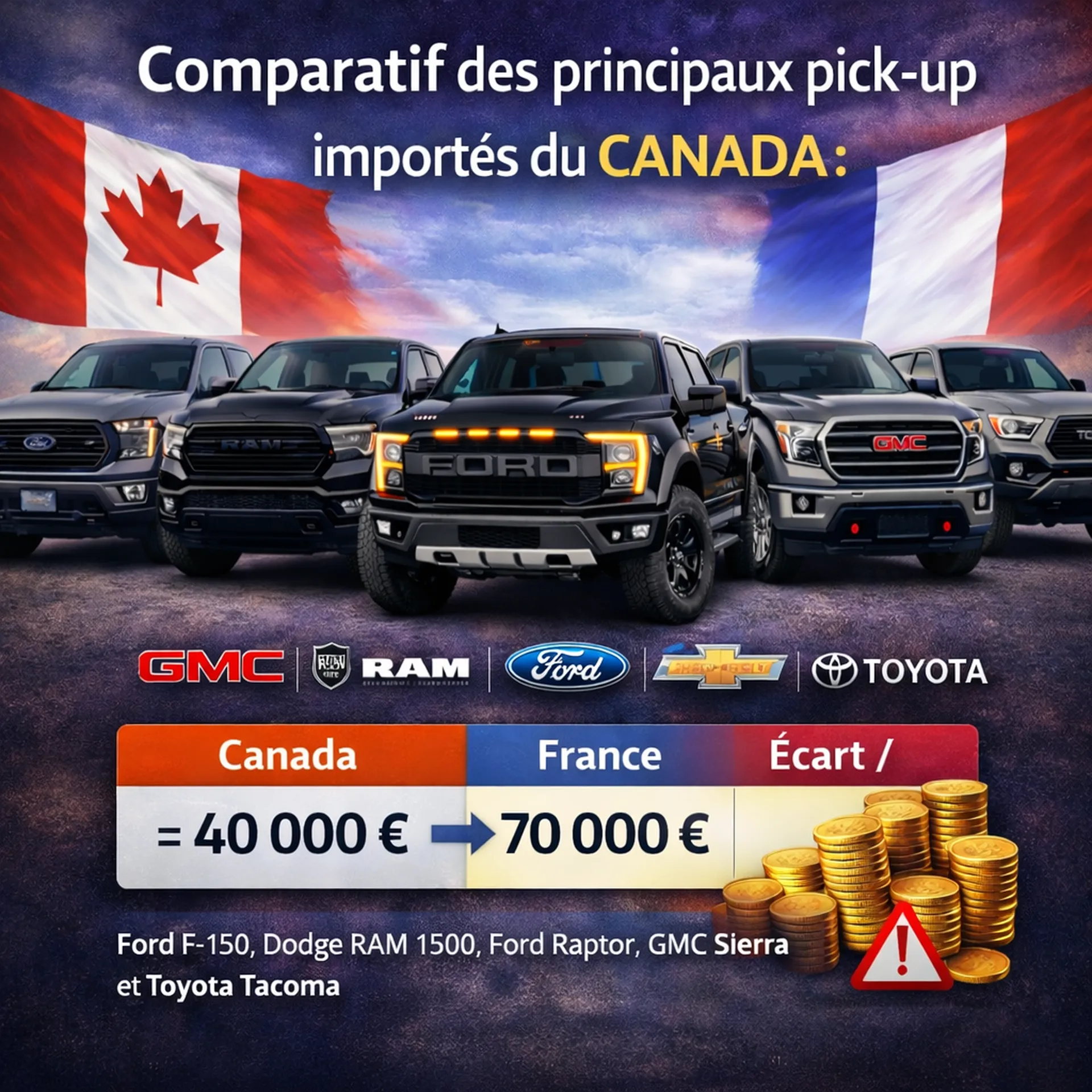 Comparatif pick-up import Canada : Ford F-150, Dodge RAM, GMC Sierra, Chevrolet Silverado et Toyota Tacoma – guide complet France