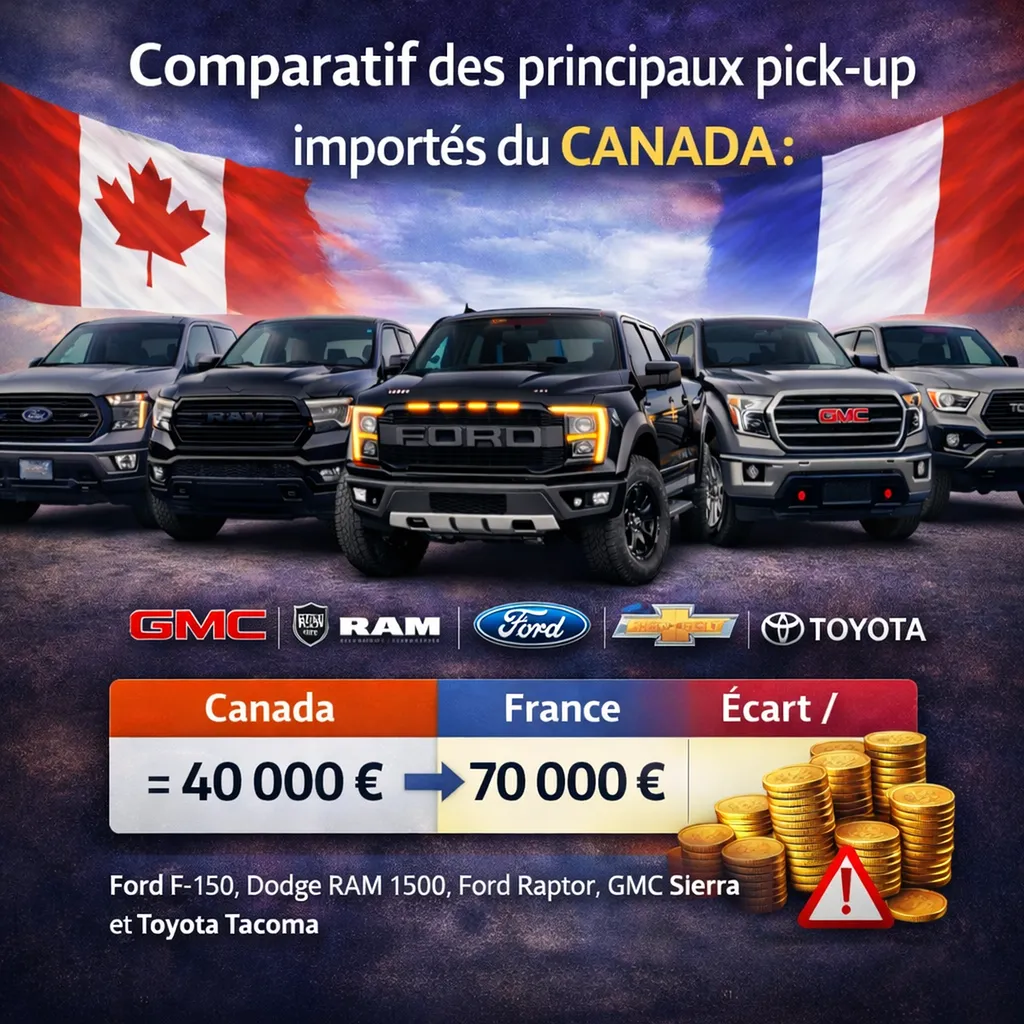 Comparatif pick-up import Canada : Ford F-150, Dodge RAM, GMC Sierra, Chevrolet Silverado et Toyota Tacoma – guide complet France