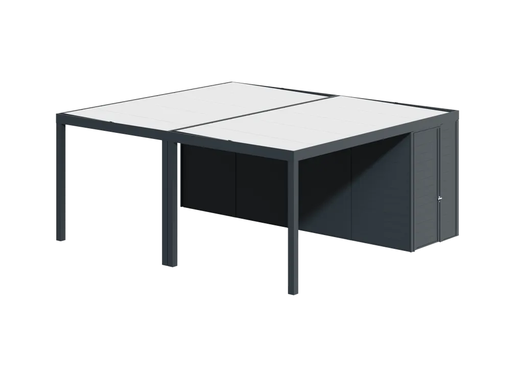 Abri de voiture aluminium avec box de stockage intégré Tschoeppe à Ajaccio et Porticcio : abri voiture et rangement sécurisé, thermolaquage 30 ans, fabrication française sur mesure