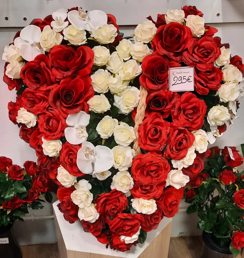 très gros coeur rouge et blanc en fleurs en tergal pour cérémonie d'obsèques Pompes Funèbres Pinault
