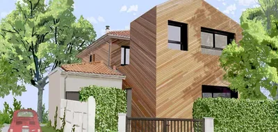 Dessinée par AKIKO ARCHITECTURE, la volumétrie d’OBLIK à Pessac révèle l’extension en bois clair et la surélévation sculptée, pensées pour agrandir la maison tout en respectant l’environnement résidentiel de Bordeaux Métropole